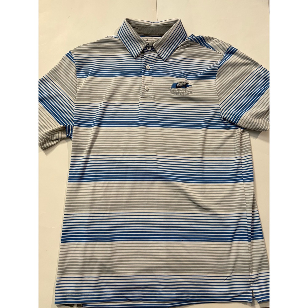 Under Armour HeatGear Polo Mens Medium Blue‎ Stripe Bear Trace Tim's Ford Golf
